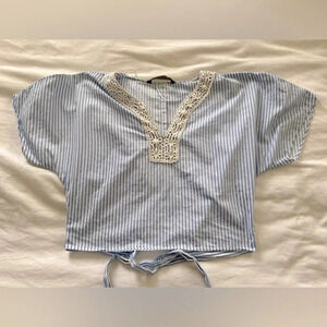 ZARA Striped Cotton & Crochet Top - Size XS